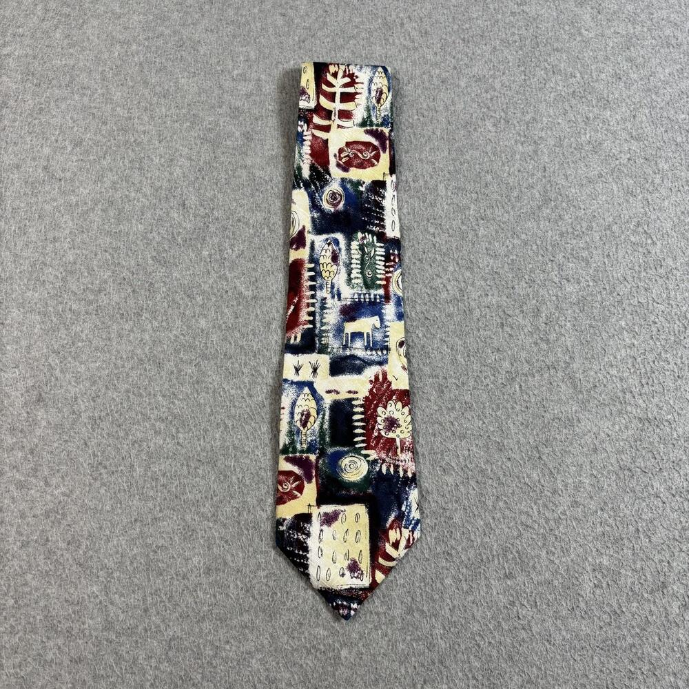 Oscar De La Renta Silk Necktie Tie Men OS Blue Sheep Cow Art Geometric Made USA